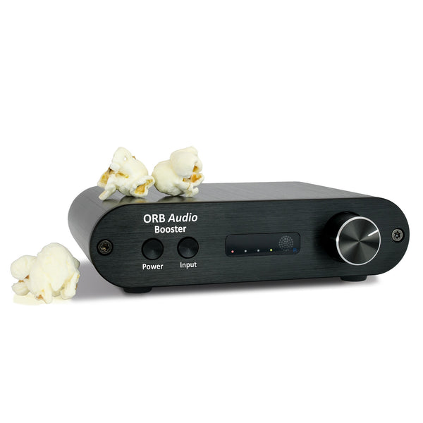 orb audio booster mini amplifier with popcorn on top for scale